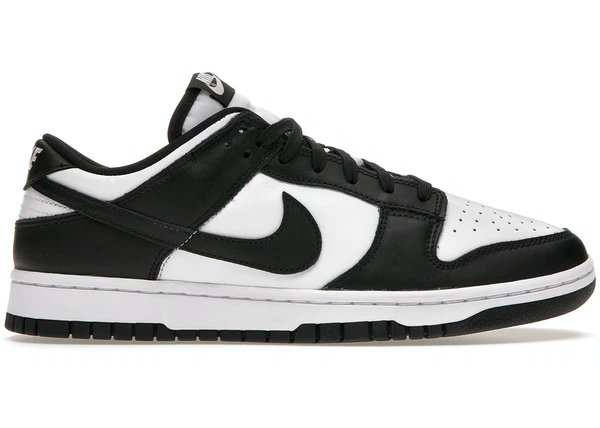 Side view of black and white Nike Dunk shoes.